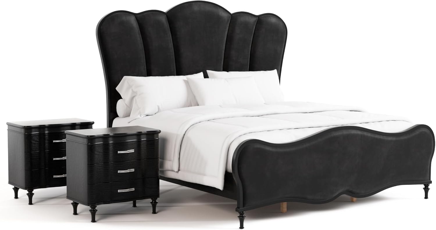 Furniture of America Seabliss Glam Solid Wood 3-Piece Bedroom Collection with Bed Frame and 3-Drawer Nightstands Set of 2, Box Spring Required, Black, Queen