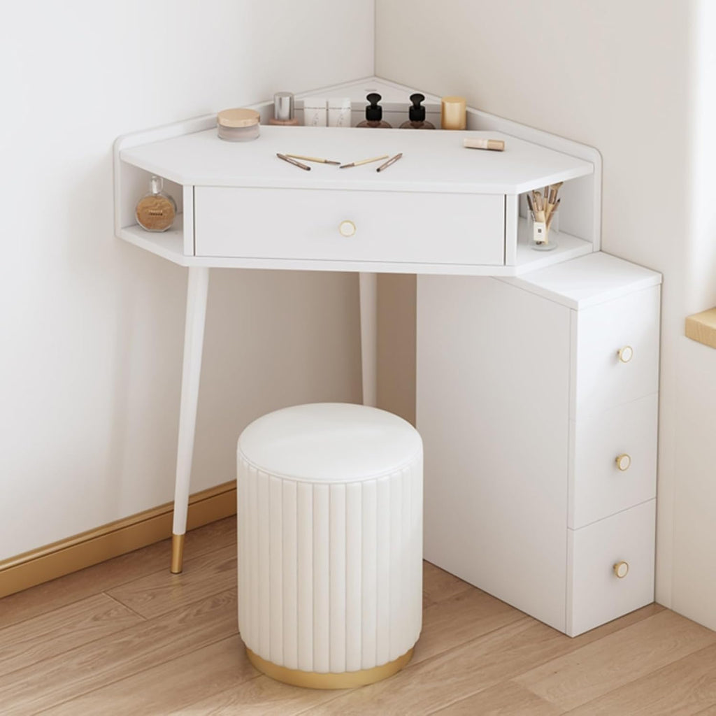 Corner Vanity Desk Set Wood Dressing Table with Drawer & Open Shelves Makeup Table for Small Room Solid Construction(White,50cm Without Mirror)