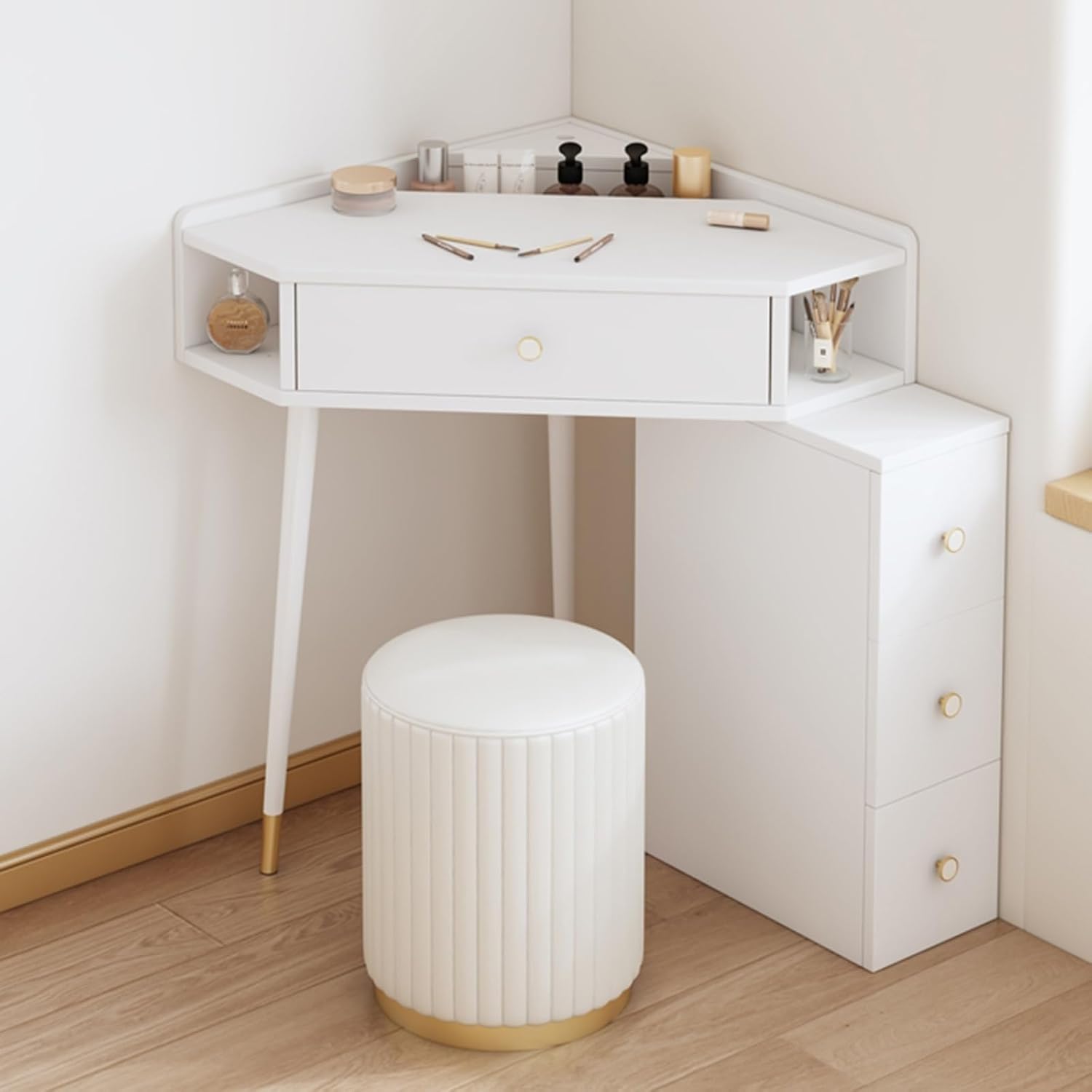 Corner Vanity Desk Set Wood Dressing Table with Drawer & Open Shelves Makeup Table for Small Room Solid Construction(White,50cm Without Mirror)