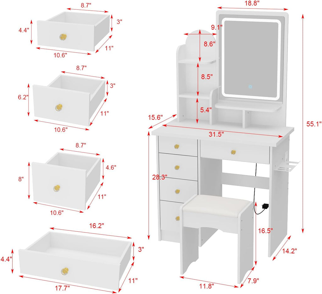 ECACAD Makeup Vanity Desk with LED Lighted Mirror, Power Outlet & Hair Dryer Holder, Makeup Table with Chair, Lots Storage, 3 Lighting Modes Brightness Adjustable, White