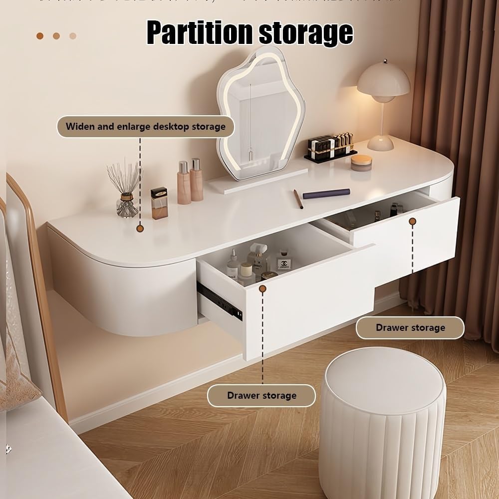 Hanging Vanity Table with Storage Drawers Floating Corner Dressing Desk Wooden Wall-Mounted Desk for Room Small Spaces Heavy Duty(White Left,100 cm)