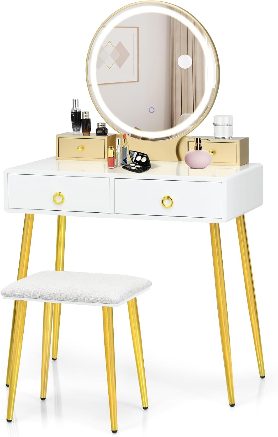 COSTWAY Vanity Table Set with Mirror and Lights, Makeup Dressing Table w/ 3 Color Lighting Modes & Adjustable Brightness, Vanity Mirror with Desk and Cushioned Stool for Women Girls (White & Gold)