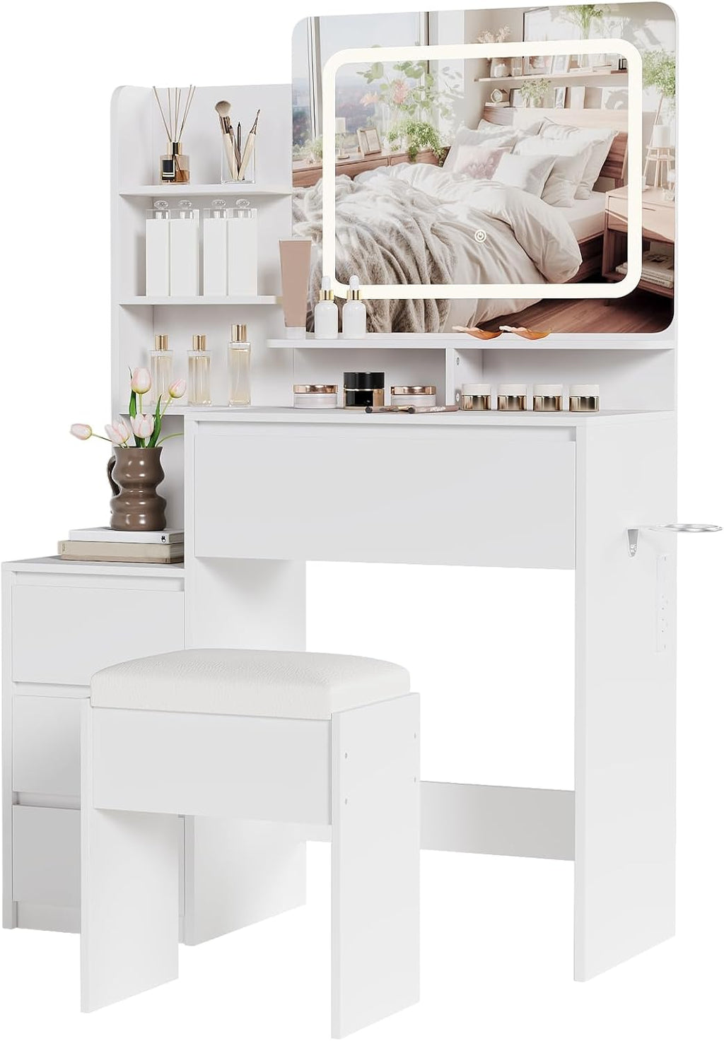 Vanity Set with Mirror and Adjustable Lights, Makeup Vanity Table with Built-in Charging Station, Vanity Desk with 4 Drawers, 4 Shelves, Vanity Bench for Bedroom-White