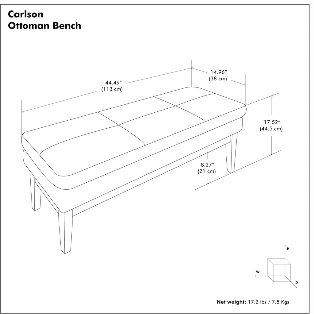 SIMPLIHOME Carlson Ottoman Bench - 45 inch Wide Upholstered Vegan Leather Rectangle Ottoman in Distressed Black, Mid Century Modern Bench for Bedroom, Entryway or Living Room with Padded Seat