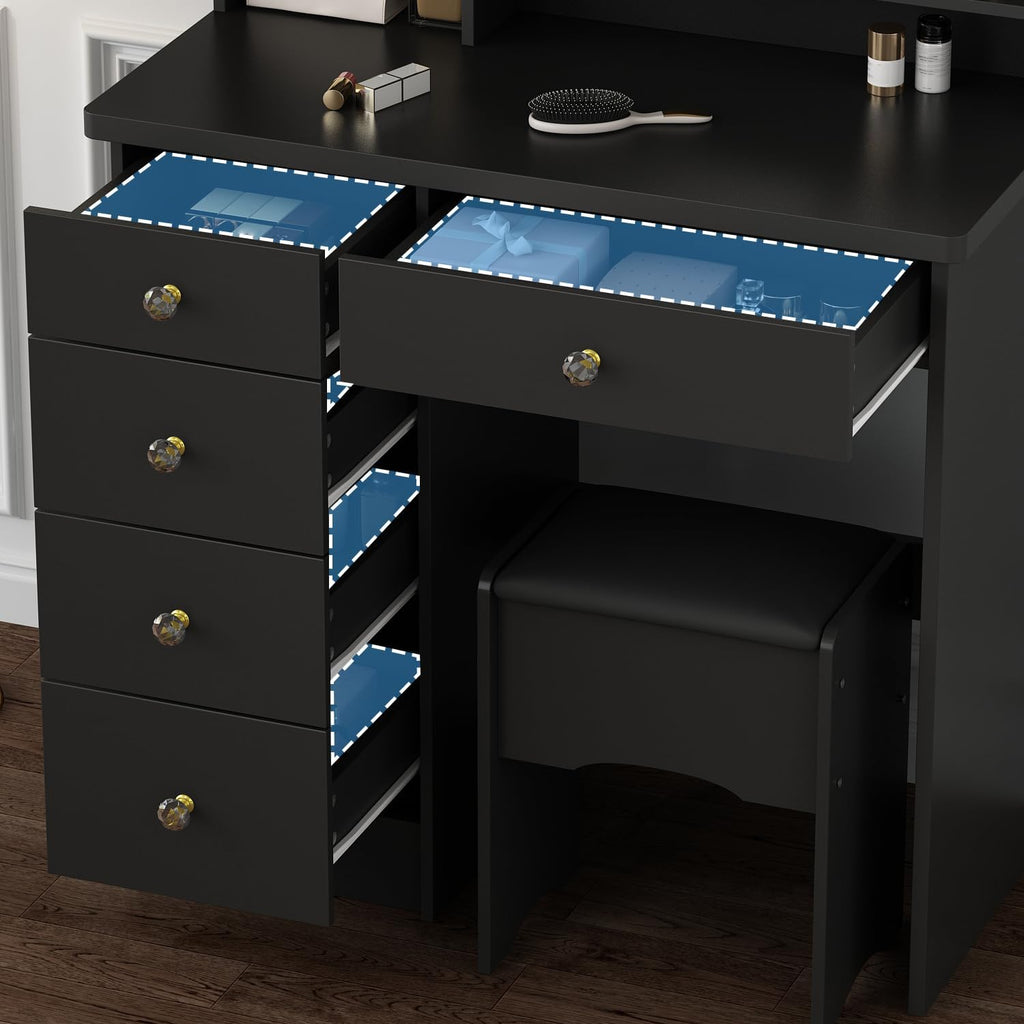 Vanity with Chair, Dressing Table with Lighted Round Mirror, 5 Drawers and Shelves, Makeup Vanity Set with Storage for Bedroom, Crystal Knobs, Black, 15.7' D x 31.5' W x 53.1' H