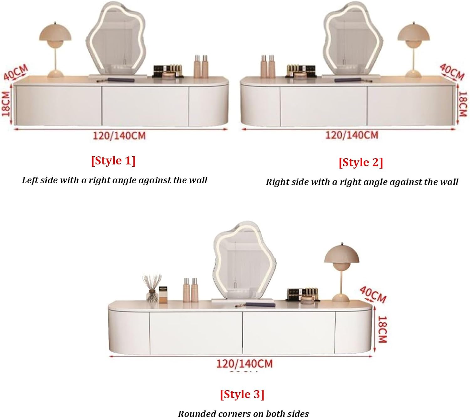 Floating Vanity Makeup Desk with 2 Drawers, Modern White Corner Suspended Table, Wood Wall Mounted Desk Nightstand for Bedroom Living Room(Right,140cm)