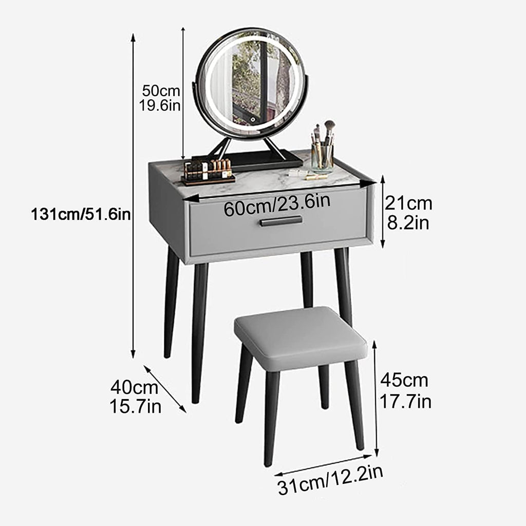 Rieort Makeup Table Cushioned Stool Vanity Benches with Led Lighted Mirror Dressing Table Large Drawers Nightstand Vanity Table Set