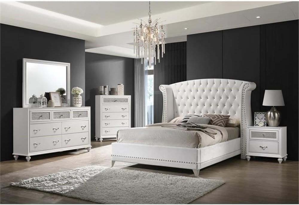 MAKLAINE 4-Piece Upholstered Eastern King Bedroom Set, Solid Wood Construction, White Velvet and Crocodile Leatherette Finish, Includes Bed, Dresser, Mirror, Nightstand, Contemporary Glam Style