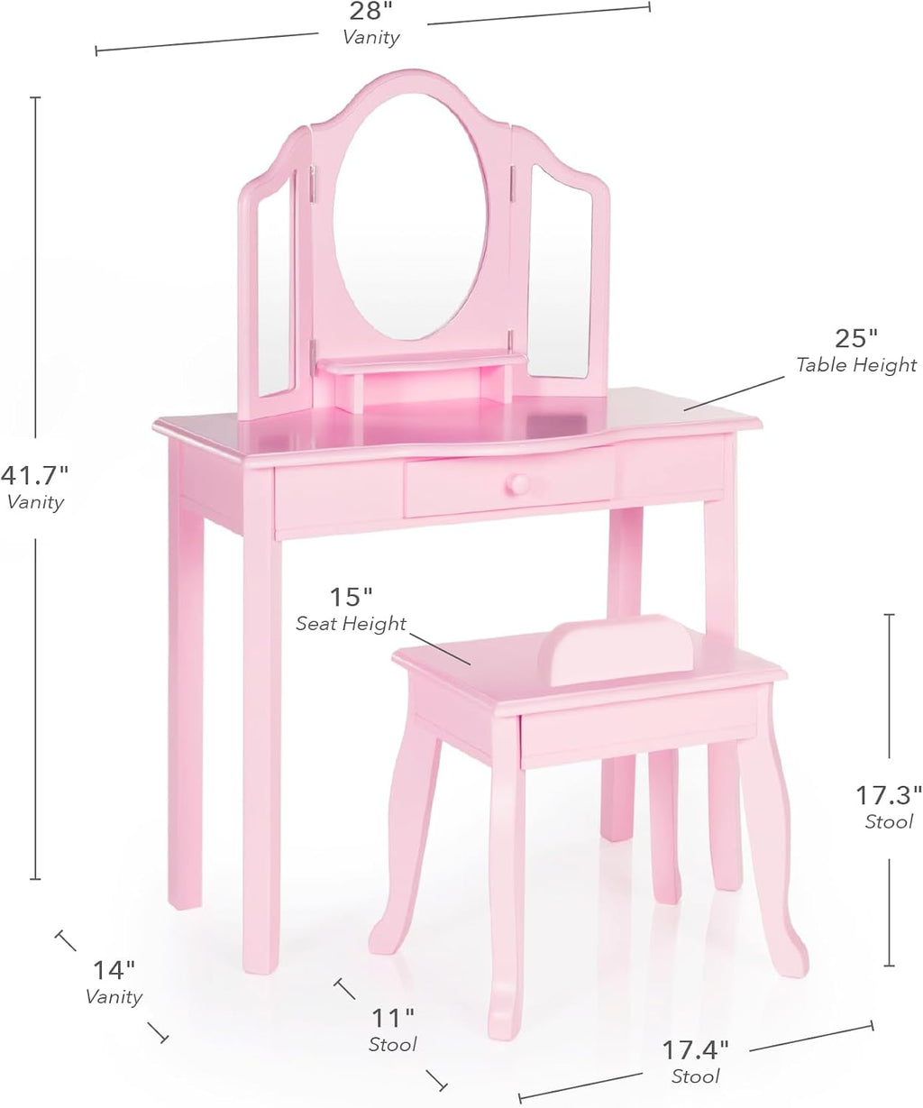 Guidecraft Pink Vanity and Stool Set for Kids Age 3-8, Pretend Play Makeup Table with Mirrors and Chair for Girls, Wooden Princess Toy Vanity Desk Playset with Storage Drawer