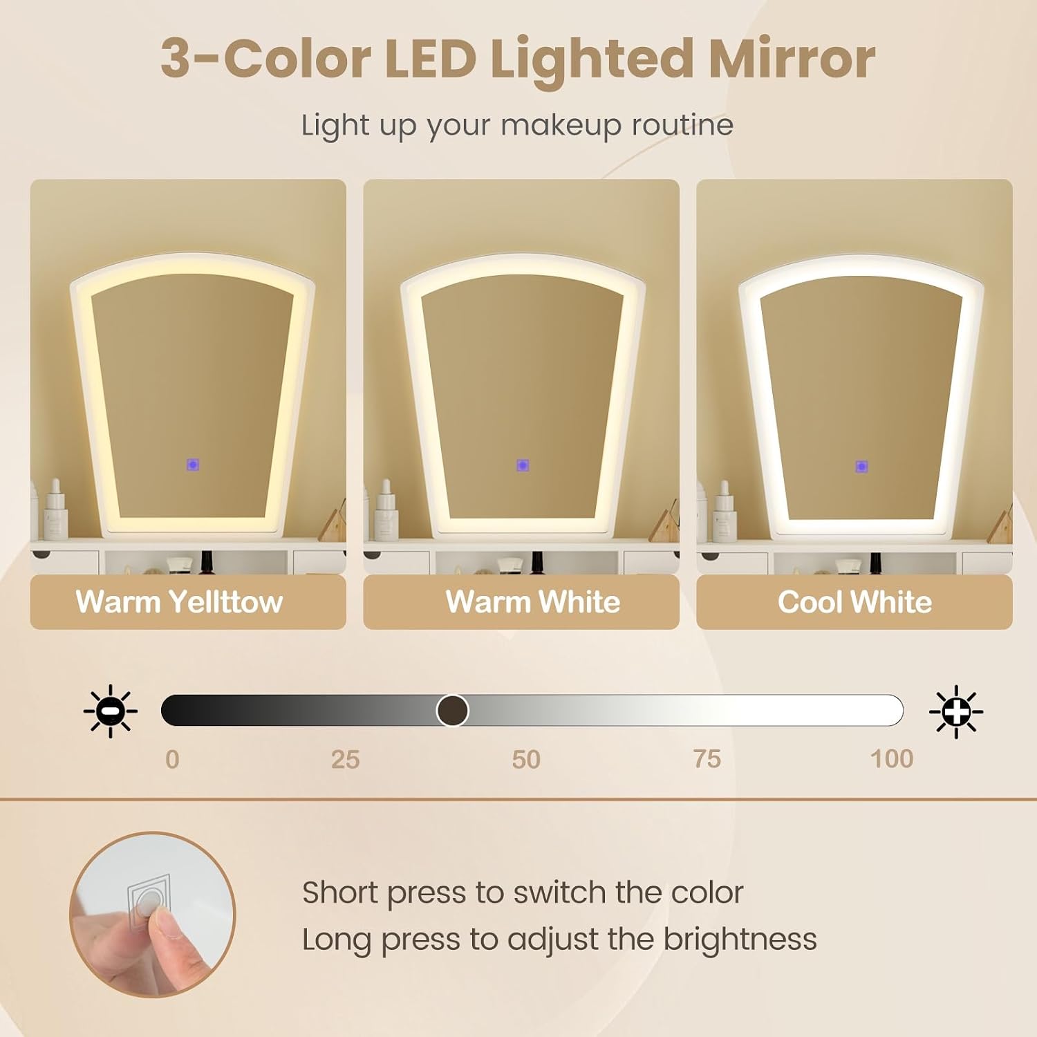 CHARMAID Small Vanity Desk with Mirror and Lights, White Makeup Vanity Desk with 6 Drawers, Adjustable 3 Color Lighting Modes, Compact Girls Bedroom Vanity Dressing Table with Stool for Small Space