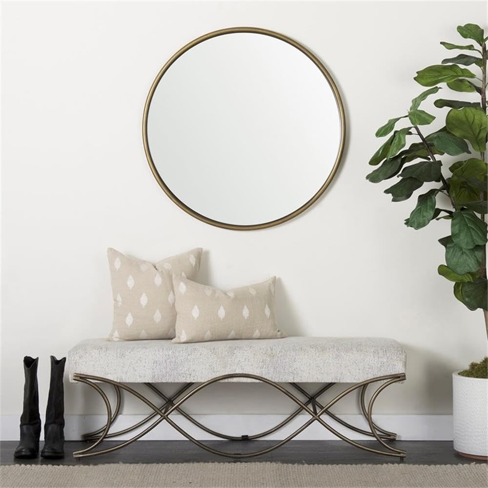 Pemberly Row Vanity Bench, 55 in x 17.6 in x 18 in, Dark Gray Fabric Seat, Dark Nickel Metal Frame, Soft Cushioned Seating with Crisscross Legs, Contemporary Style for Entryway or Communal Spaces