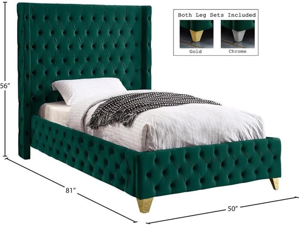 Meridian Furniture SavanGreen-T Savan Collection Modern | Contemporary Velvet Upholstered Bed with Deep Button Tufting in Gold or Chrome Finish, 50' W x 81' D x 56' H, Green, Twin