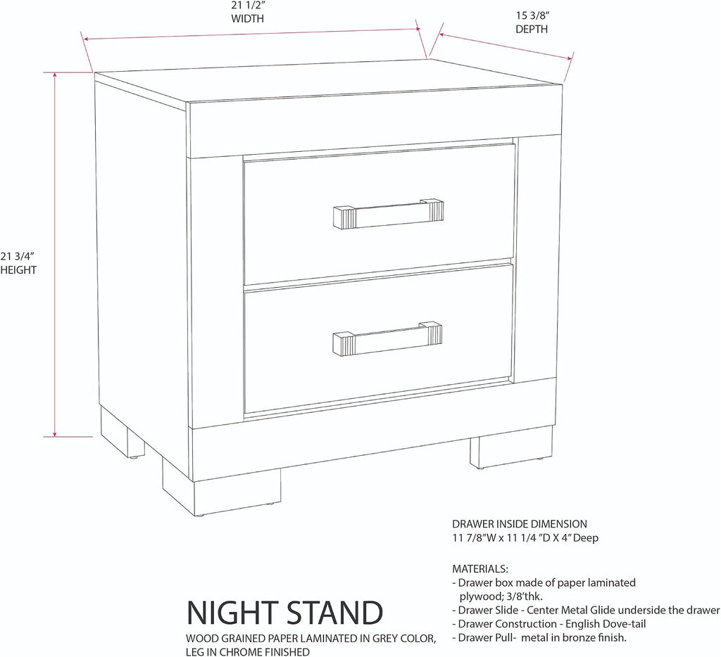Kings Brand Furniture 3-Piece Oak Gray with Chrome Legs Bedroom Set - Wood Bed Frame with 2 Nightstands (King)