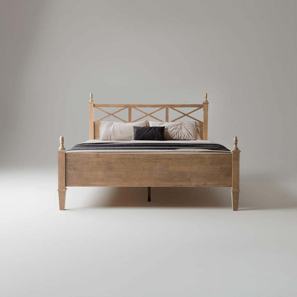 Queen Size Platform Bed Frame, Solid Wood with Headboard & Footboard, Center Metal Legs, 12 Strong Slatted Base, Anti-Noise & Slip-Free, Easy Assembly, No Box Spring Needed, Barnwood Finish RIQ-30