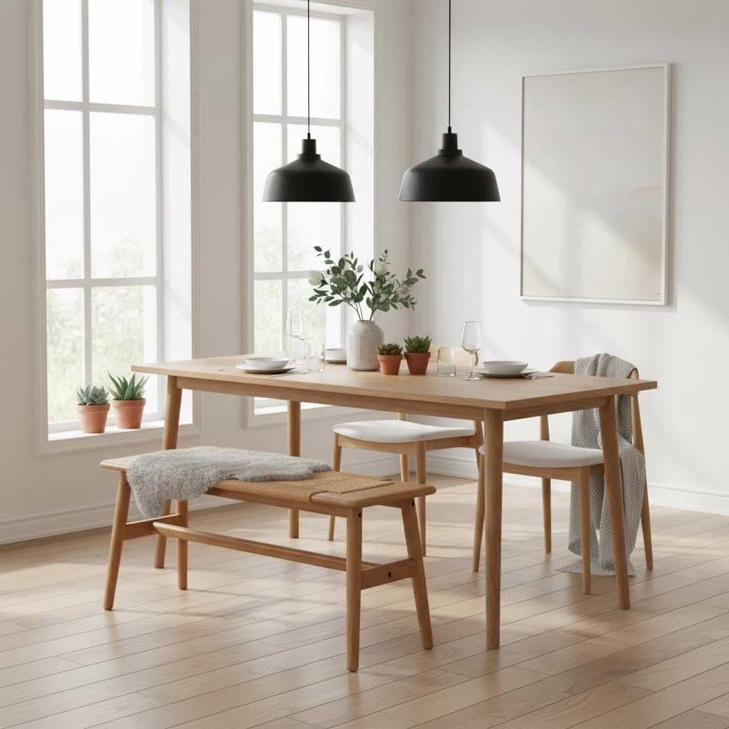 100% Solid Oak Wood Dining Bench, Hand Woven Dining Bench with Trapezoid Leg, Boho Otoman Footrest for Living Room Kitchen Entryway