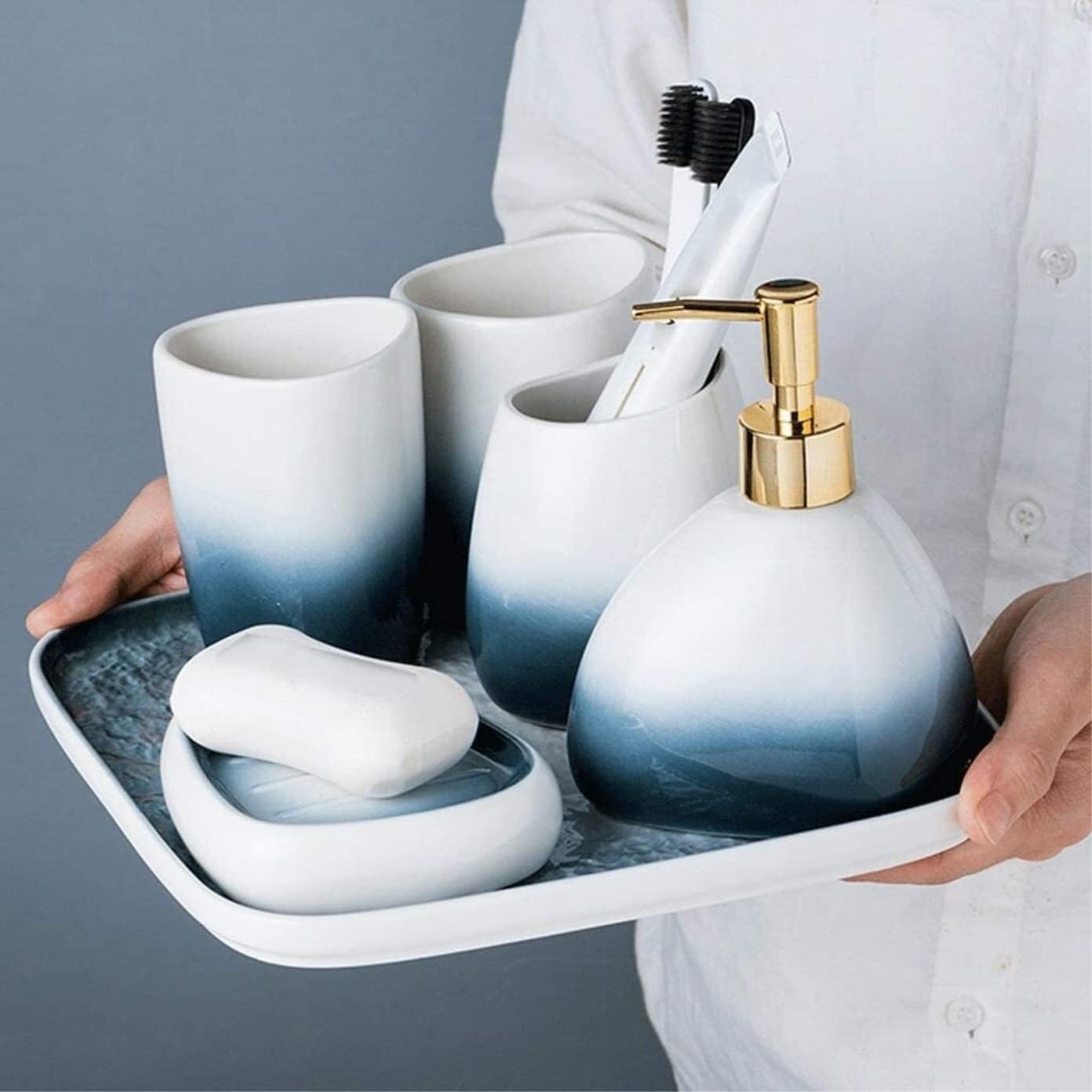 Vanity Bathroom Decor, Bathroom Accessory Set Gradient Blue 5 Piece Ceramic Soap Dispenser Retro Toothbrush Holder Lotion Bottle Housewarming Gift(B)