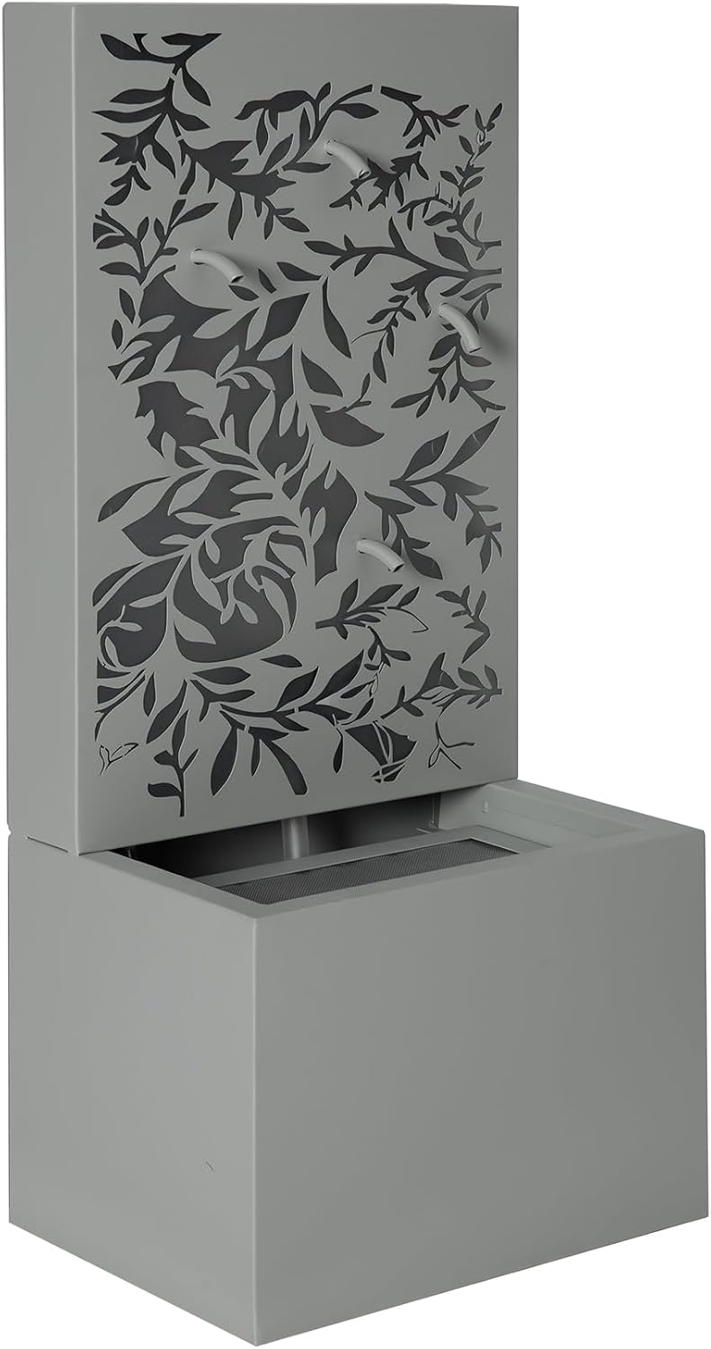 Merax 30.71' H Light Gray Metal Leaf Cutout Outdoor Water Wall Fountain with LED Lights, Modern Waterfall Feature for Patio Garden Backyard Decor