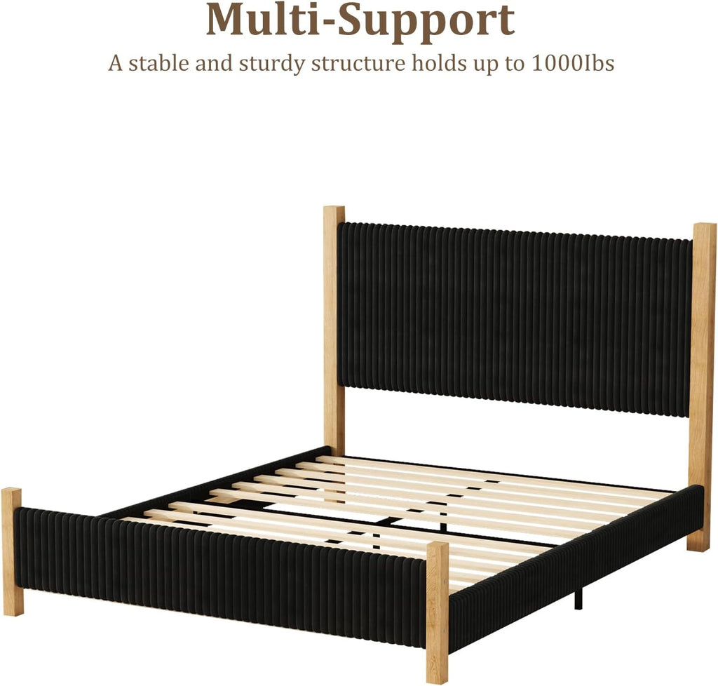 HOMBCK Queen Size Bed Frame with Headboard, Corduroy Upholstered Bed Frame Queen, No Box Spring Needed, 4 Solid Wood Support, Noise-Free, Easy Assembly for Couples, Master Bedrooms, Black