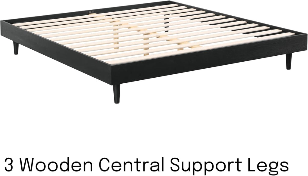 NTC Fly Wooden Bed Frame Without Headboard, Solid Oak and Rubber Wood Foundation with Silent Slats and Wood Central Supports, 1000 Lb Capacity, Effortless Assembly, Queen - Burnt Black