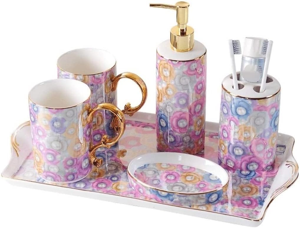 Vanity Bathroom Decor, 6 Piece Bathroom Accessory Set, Includes Soap Dispenser Pump Toothbrush Holder Soap Dish Tray for Home Housewarming Gift(B)
