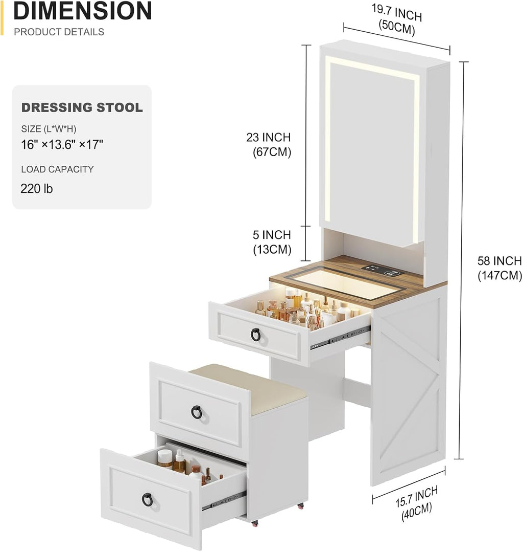 Makeup Vanity Desk with Mirror and Lights,Small Vanity Desk Set with Charging Station & Glass Top,Compact Dressing Table with Jewelry Cabinet & Storage Wheel Stool for Bedroom, White