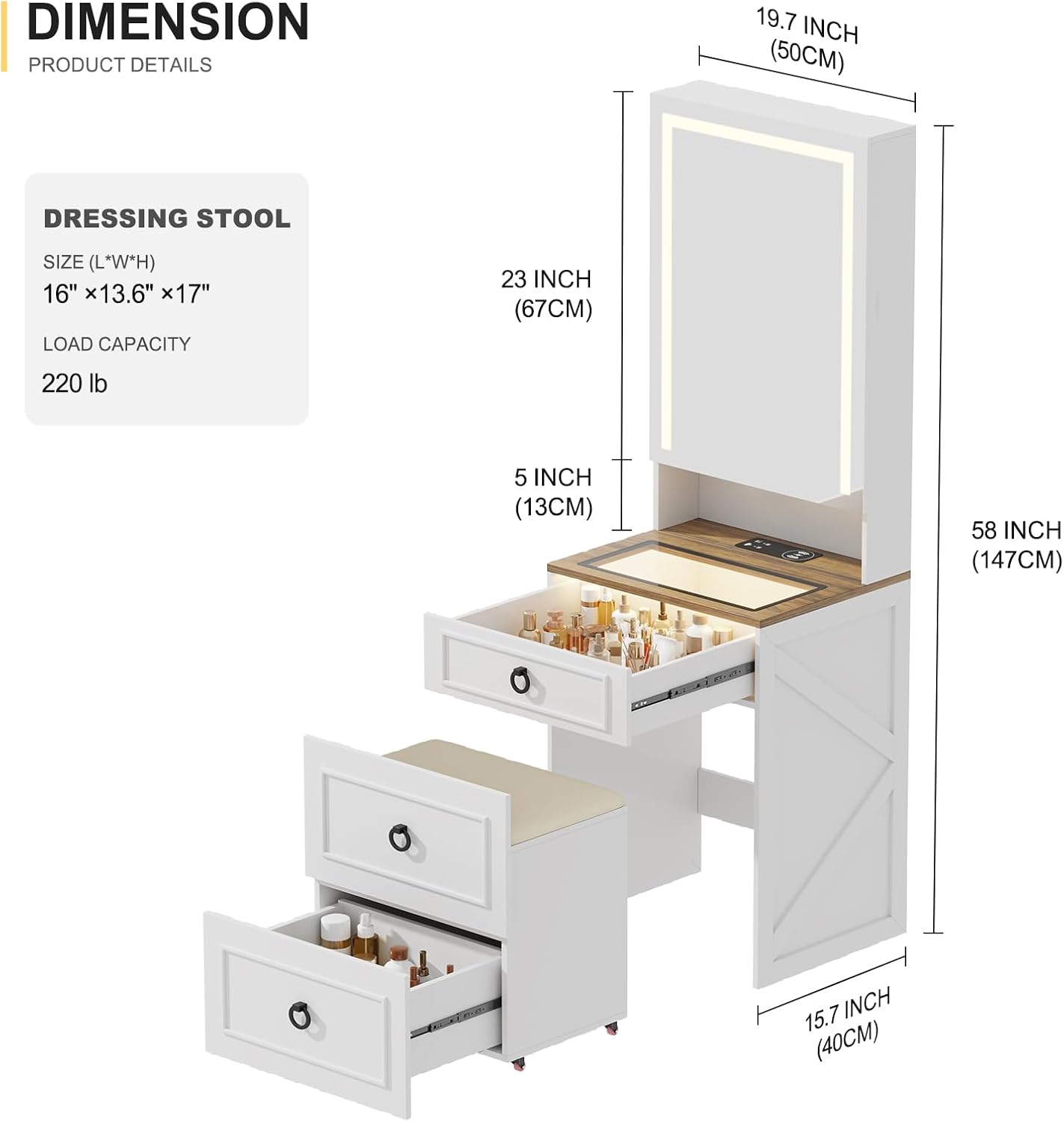 Makeup Vanity Desk with Mirror and Lights,Small Vanity Desk Set with Charging Station & Glass Top,Compact Dressing Table with Jewelry Cabinet & Storage Wheel Stool for Bedroom, White