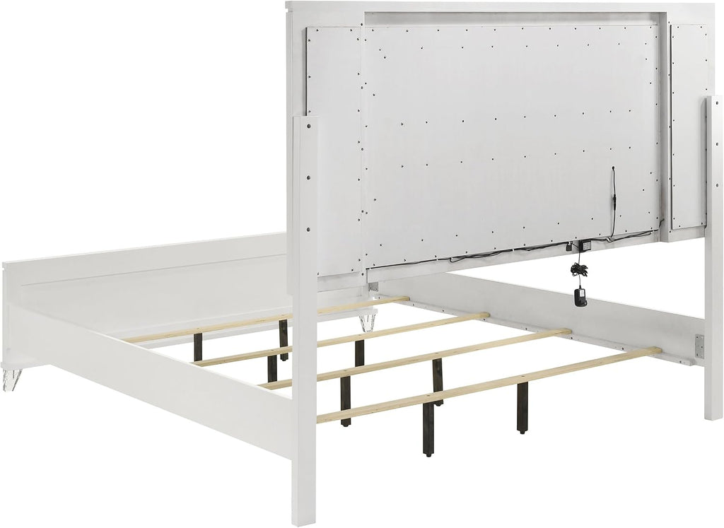 Coaster Home Furnishings Marmore Contemporary 4-Piece Bedroom Set Boucle Upholstered Eastern King Size LED Panel Bed Frame 64-inch Headboard White 224961KE-S4