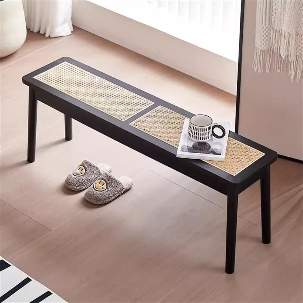Stool, Rattan Bench Faux Rattan Weaving Design Dining Bench Simple Corner Bench with Rounded Corner Entrance Bench for Kitchen Entrance Corridor(Black,39.4in)