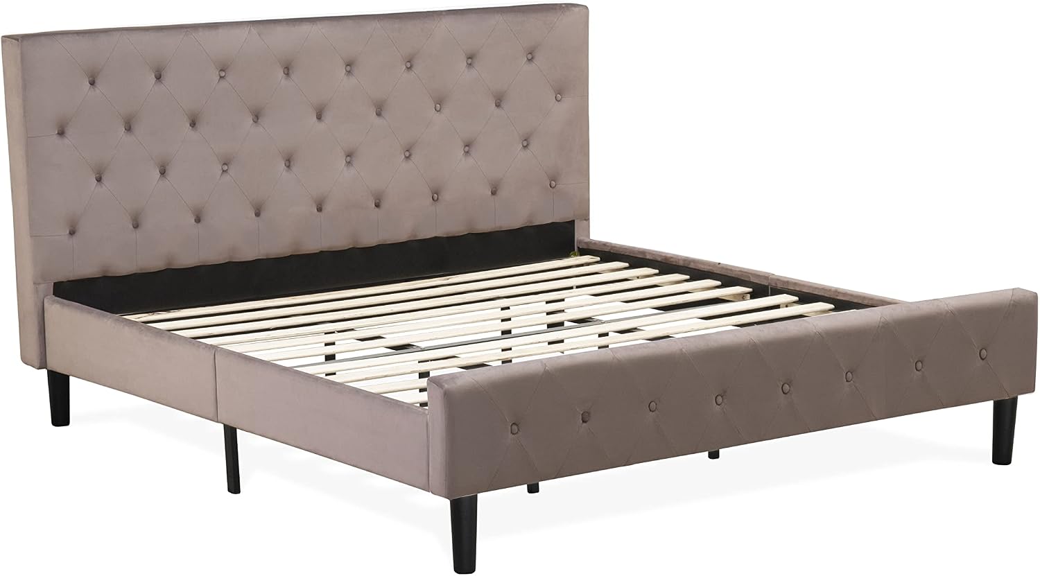 East West Furniture NL14K-2HA13 3 Piece Modern Bedroom Set - King Size Button Tufted Bed Frame - Brown Taupe Velvet Fabric Upholstered Headboard and a Burgundy Finish Nightstand