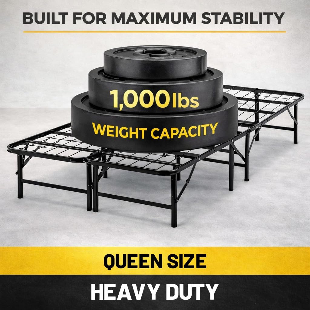 Greaton, 14-Inch Foldable Metal Platform Bed Frame with Tool Free Setup, Sturdy Steel, No Box Spring Needed, Queen, Black