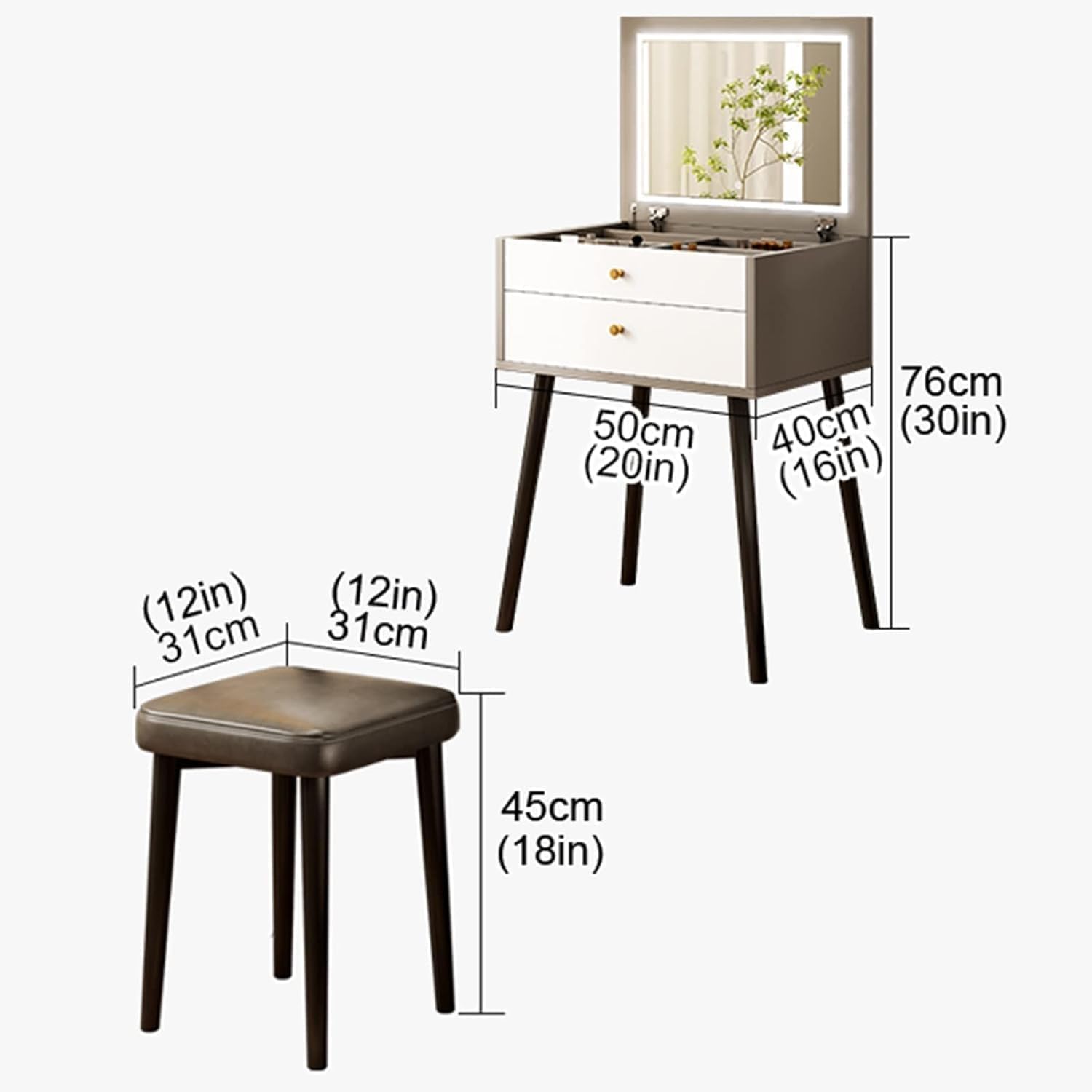 Vanity Desk Vanity Table Set with Flip Top Lighted Mirror Makeup Table Cushioned Stool Home Nightstand Vanity Benches,White,Grey