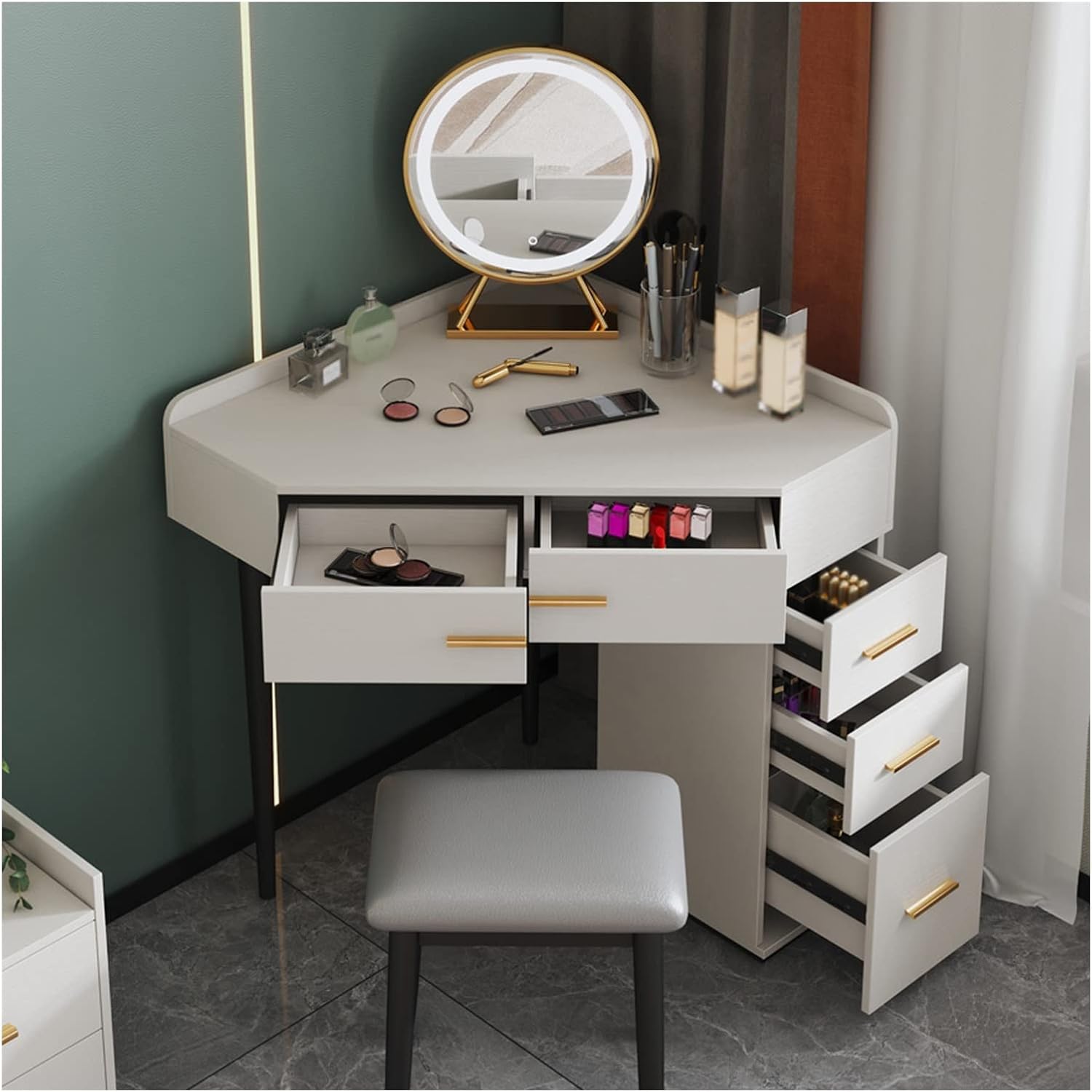 Makeup Vanity Desk Vanity Table Home Bedroom Small Apartment Dressing Corner Makeup Mirror Stool with Drawer Side Cabinet Dresser