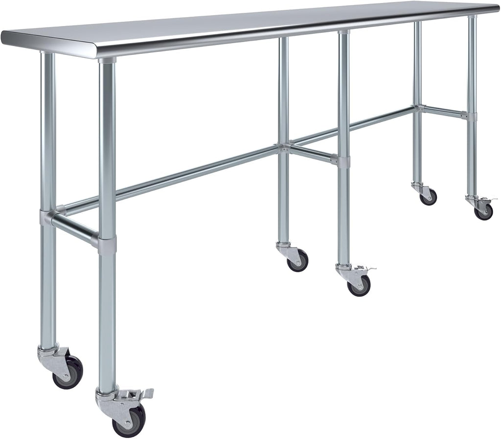 AmGood Stainless Steel Work Table Open Base & Wheels | Work Station | Metal Work Bench (Stainless Steel Work Table Open Base + Casters, 84' Long x 18' Deep)