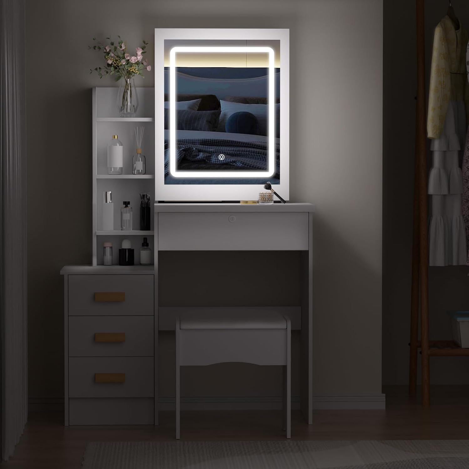 Vanity Desk with Mirror and Lights,Teen Girls Makeup Vanity Table, Dresser with mirror, Bedroom Vanity Set with 6 Spacious Drawers ,Shelves Dressing Desk for Bedroom Dressing Room (White with light)