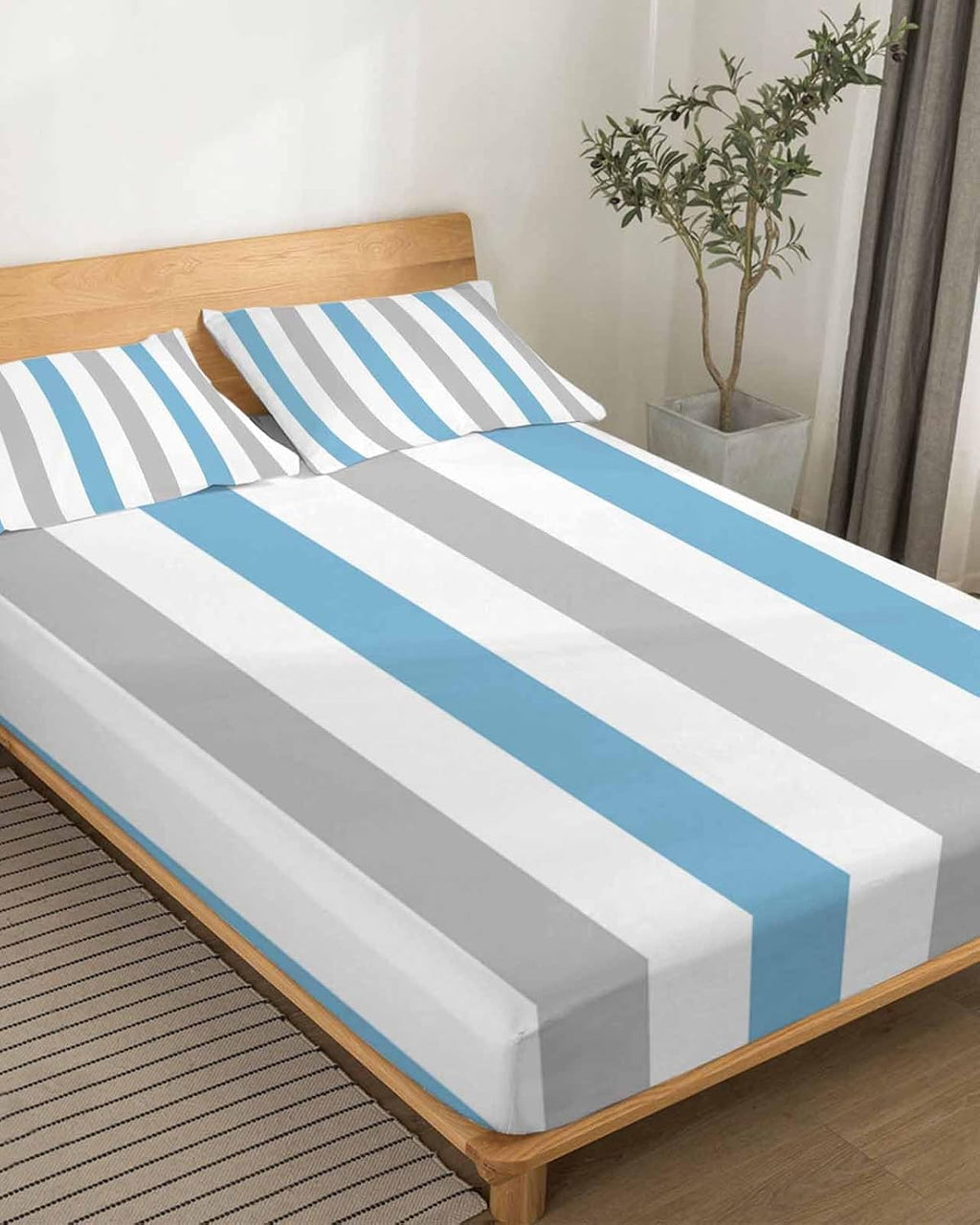 Blue Grey Striped King Sheet Set 4 Piece Bedding - Geometric Vertical Stripes Minimalist Breathable Comfy Cooling Bed Sheets & Pillowcase Sets,Hotel Luxury Flat Sheets Deep Pockets Fitted Sheet