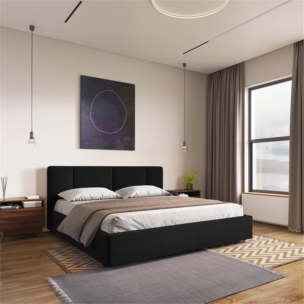 Venice Upholstered Platform Bed | Box Spring Not Required | (Black Boucle, King Bed Frame)