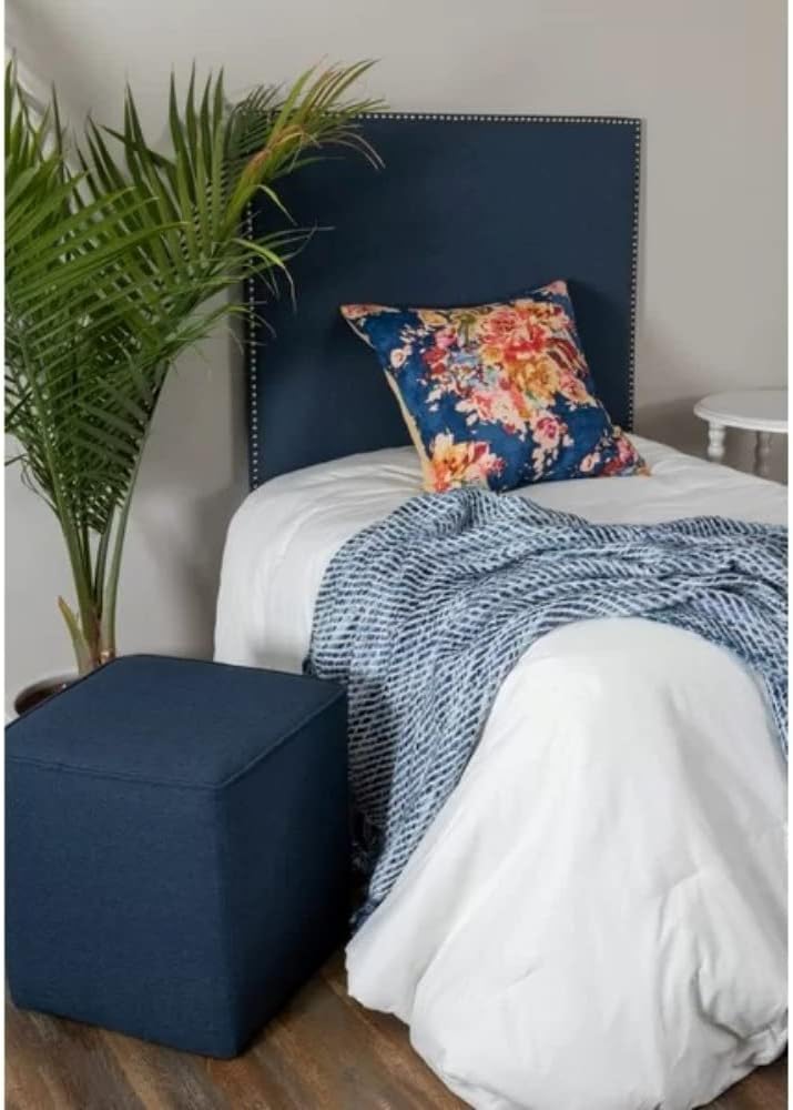 Beautiful Cocktail Square Ottoman Size 19'' H x 15'' W x 16'' D | Solid Wood, Hand Crafted Beautiful Aesthetic Footrest Vanity Stool Bench Small Cube Shape | Welt Edge & Clean Lines Navy Blue Color