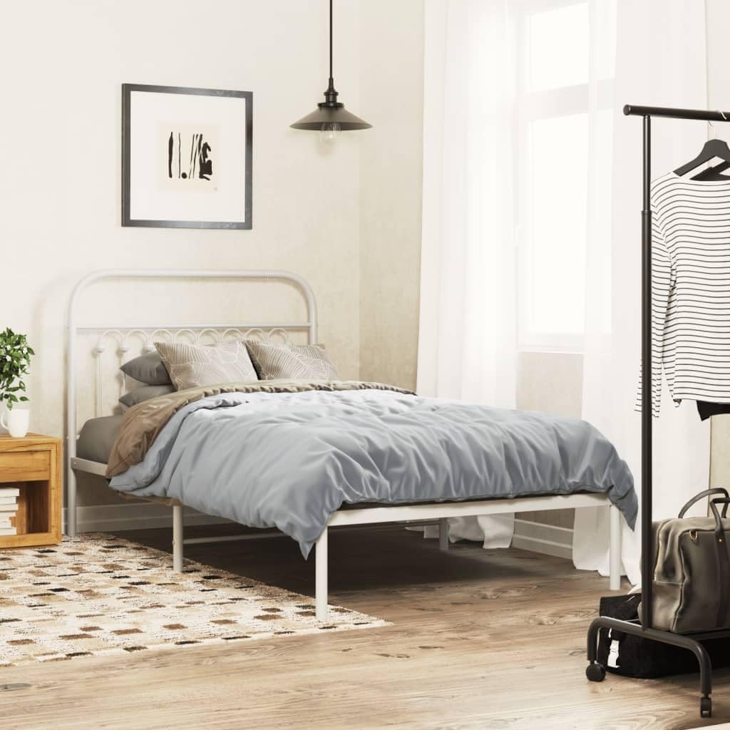 Twin Metal Bed Frame with Headboard White Sturdy Steel Platform Bed Frame Underbed Storage Space Bedroom Furniture