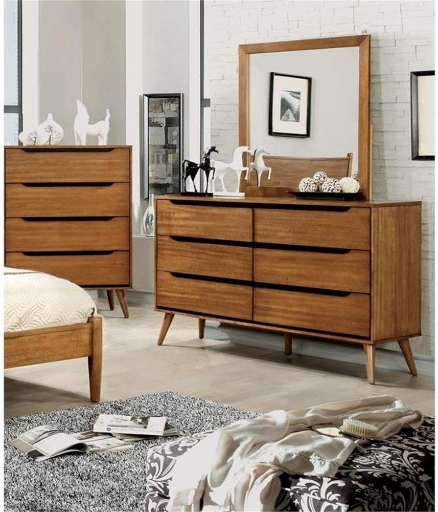 Allora 4-Piece Wood Bedroom Set, California King Bed, Nightstand, Dresser, Mirror, Solid Rubber Wood and Veneer, Oak Finish, Ample Storage, Timeless Design for Master Bedroom Furniture