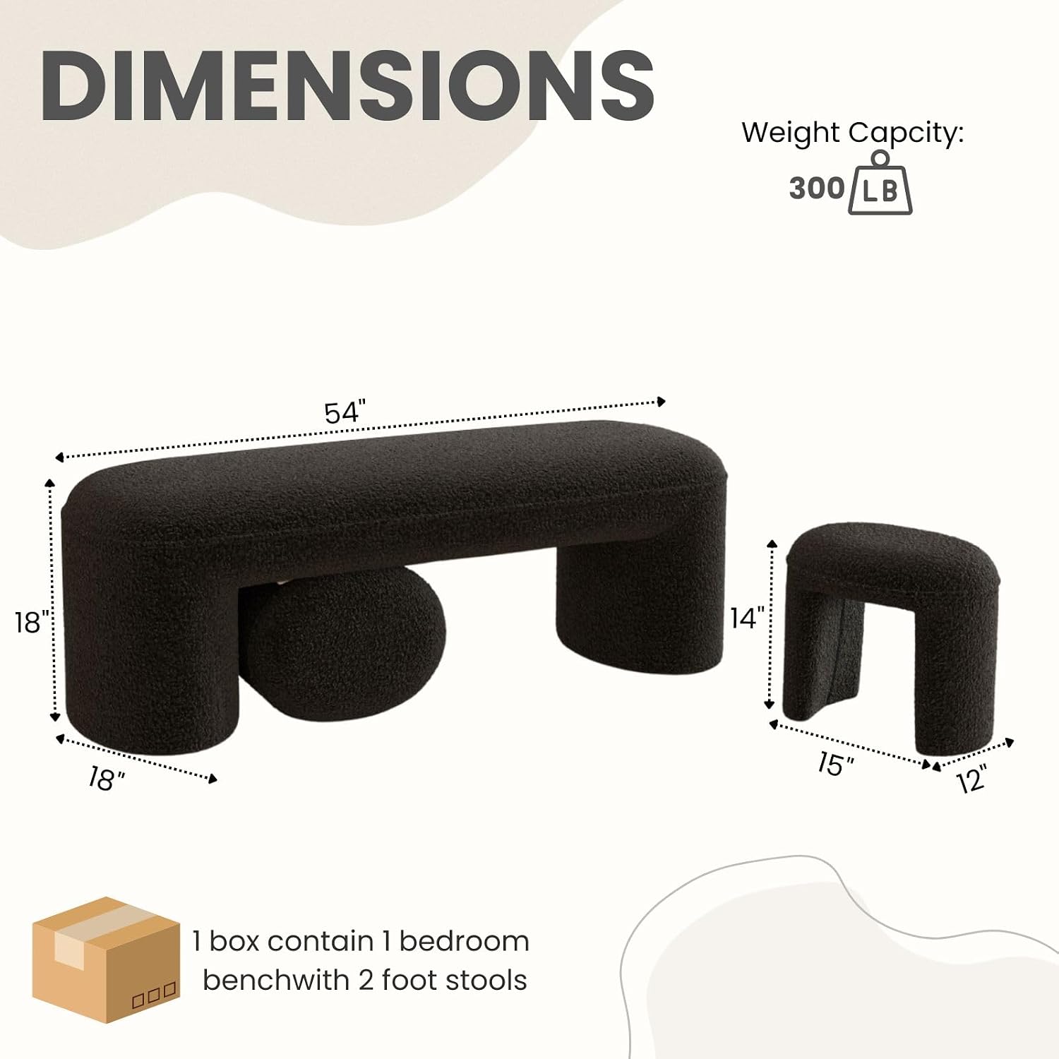 3-Piece Nesting Ottoman Bench Set，53' Long Upholstered End of Bed Bench with 2 15' Foot Stools Sherpa Modern Arched Bench Comfy Entry Bench Vanity Stools for Living Room Bedroom, Black