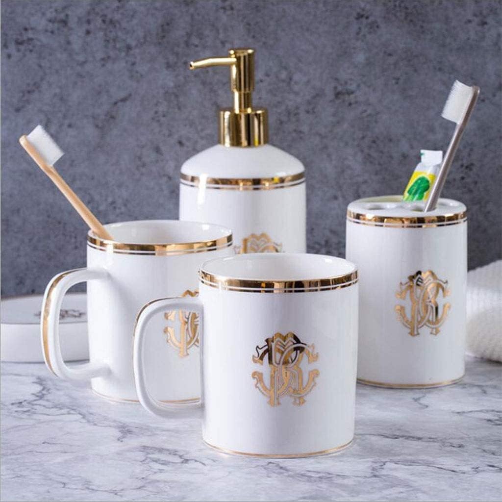 Vanity Bathroom Decor, 5-Piece Ceramic Bathroom Accessory Set Soap Dispenser Mouthwash Cup Soap Dish Toothbrush Holder Toiletries Set Housewarming Gift(B)