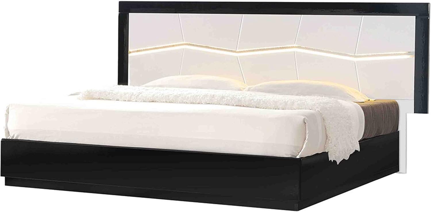 Berlin Modern Platform Bed with LED Headboard Lighting and Mirror Accent, Two-Tone White and Black Lacquered Frame, Slats Included, Contemporary Bedroom Furniture, (Eastern King)