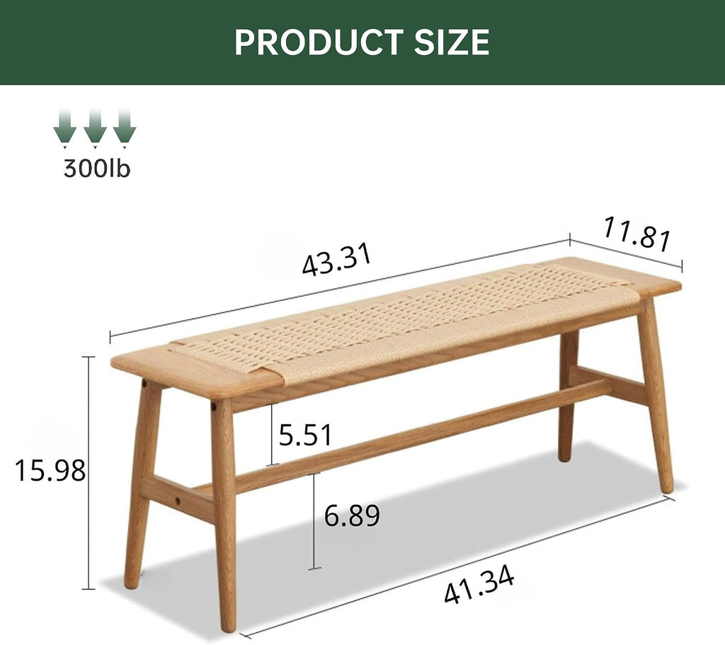 100% Solid Oak Wood Dining Bench, Hand Woven Dining Bench with Trapezoid Leg, Boho Otoman Footrest for Living Room Kitchen Entryway