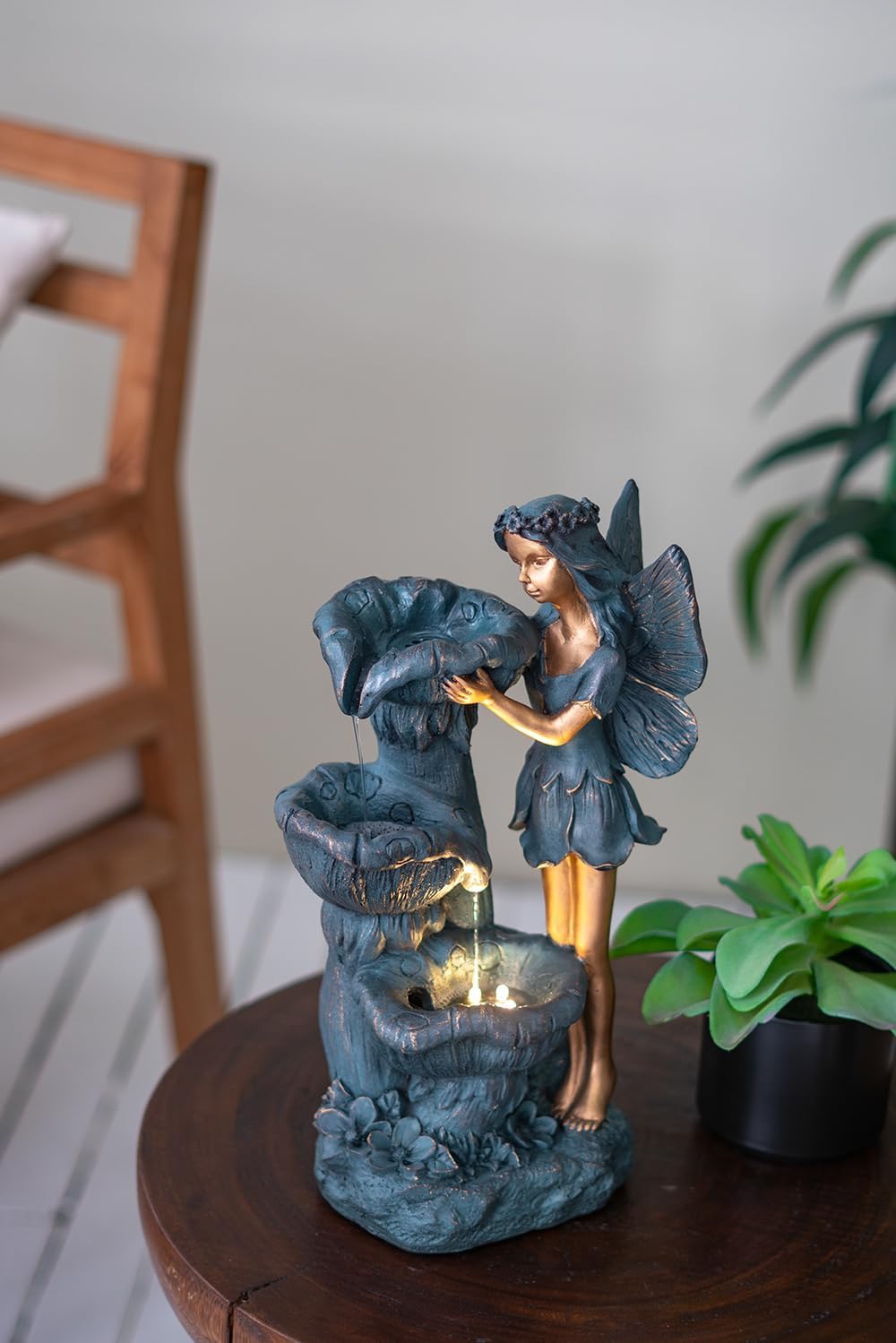 Table Fountain, 14' Tall Rustic Fairy Water Fountain with Light for Patio Deck Pond Yard Home Decor