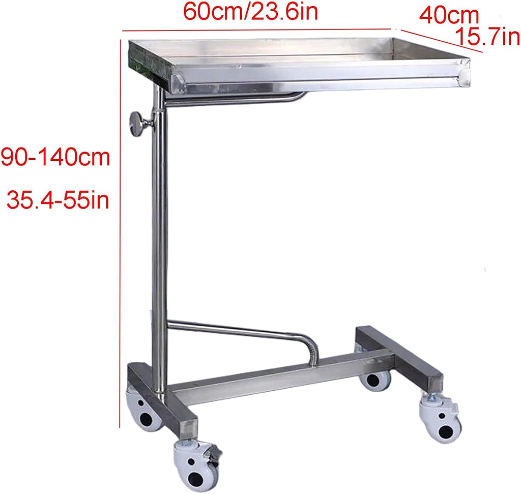 Mayo Instrument Stand with Mobile 4 Caster Base, Adjustable Height 35.4'-55', for Spa, Salon, Clinic, Personal Care(60x40x(90-140) cm)