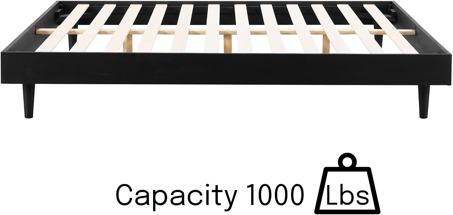 NTC Fly Wooden Bed Frame Without Headboard, Solid Oak and Rubber Wood Foundation with Silent Slats and Wood Central Supports, 1000 Lb Capacity, Effortless Assembly, Queen - Burnt Black