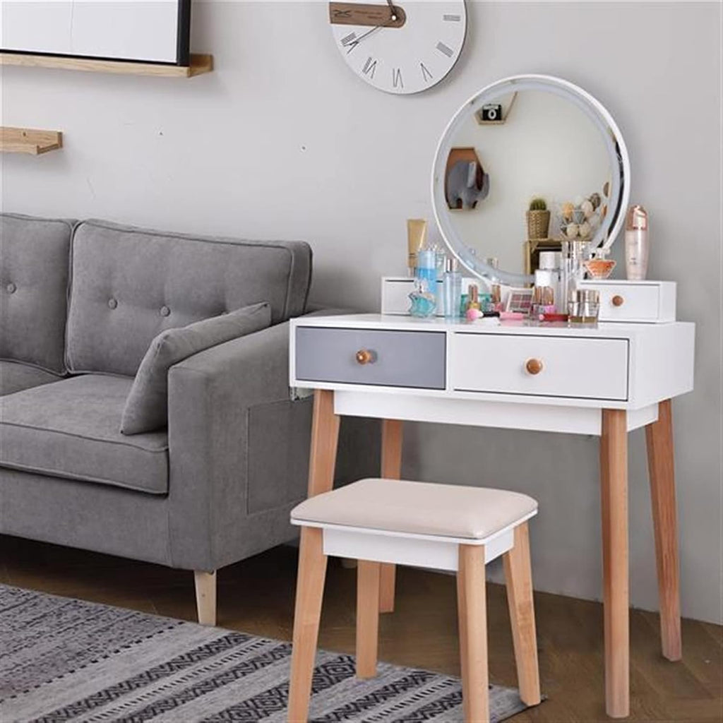TOMYEUS Dressing Table Vanity Table with Mirror Bedroom Wood Dressing Table Simple Makeup Table with Lamp Three Color Adjustable Vanity Benches/Makeup Vanity Desk (Color : White)