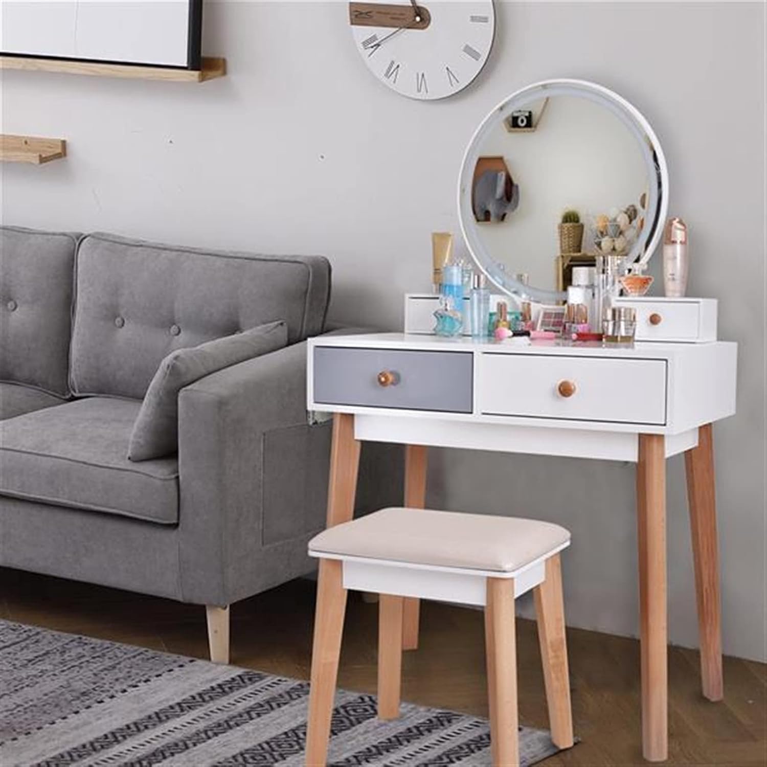 TOMYEUS Dressing Table Vanity Table with Mirror Bedroom Wood Dressing Table Simple Makeup Table with Lamp Three Color Adjustable Vanity Benches/Makeup Vanity Desk (Color : White)
