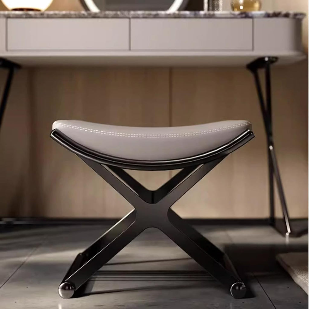 Leather Ottoman Vanity Stool with Metal X Legs, Multifunctional Padded Seat for Makeup, Living Room, Bathroom