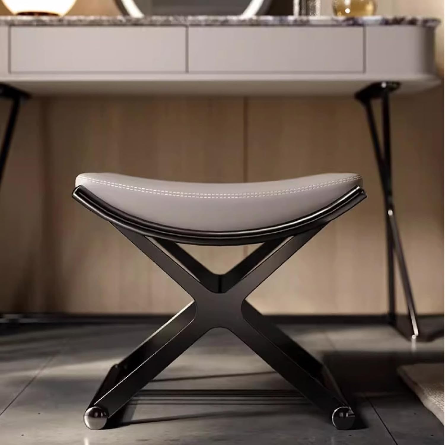 Leather Ottoman Vanity Stool with Metal X Legs, Multifunctional Padded Seat for Makeup, Living Room, Bathroom